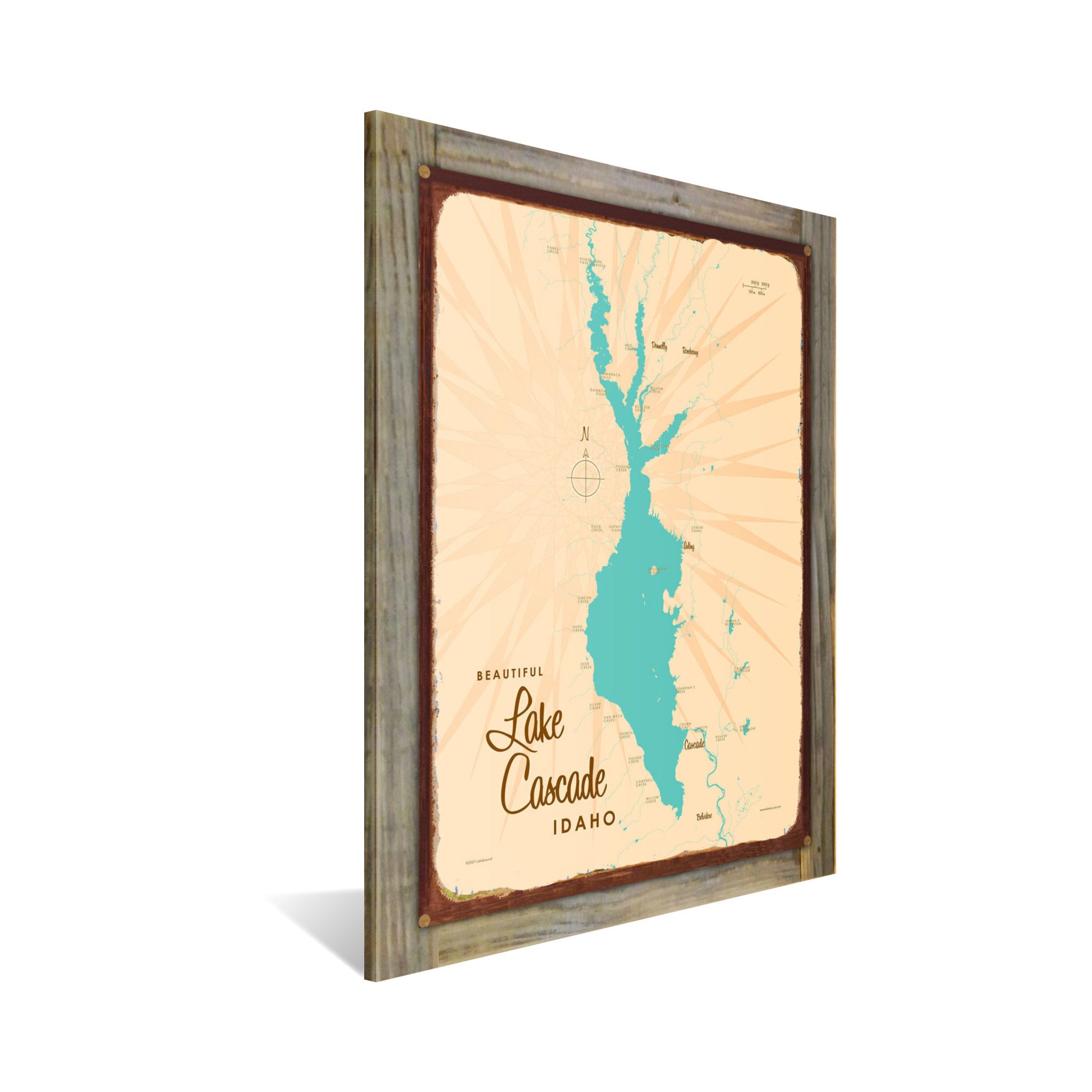 Lake Cascade Idaho, Wood-Mounted Rustic Metal Sign Map Art