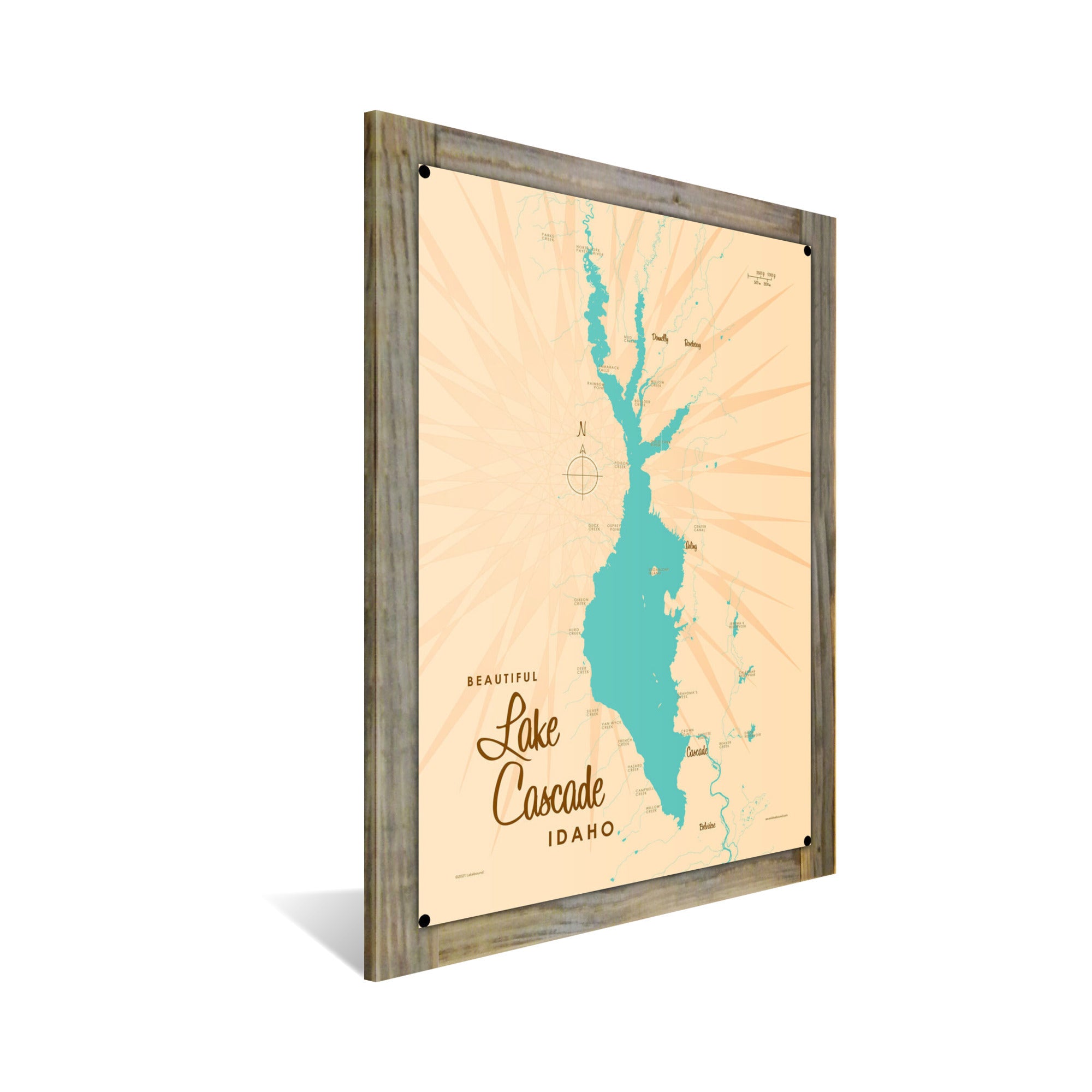 Lake Cascade Idaho, Wood-Mounted Metal Sign Map Art