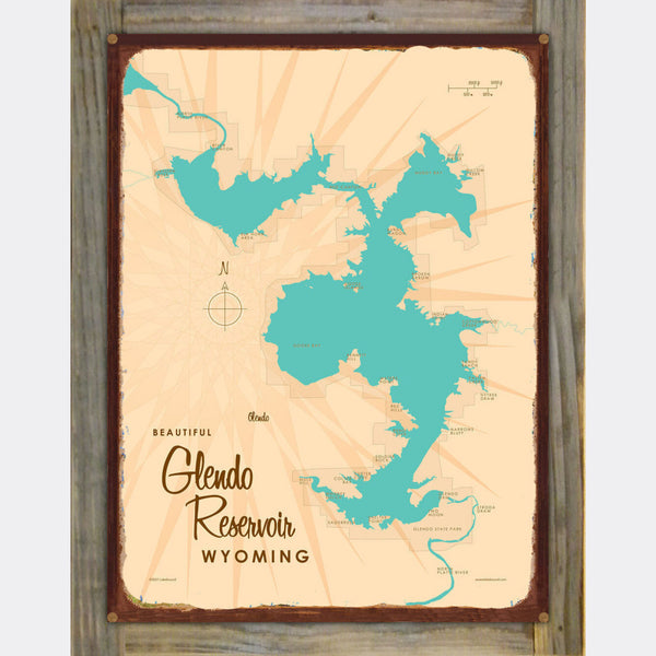 Glendo Reservoir Wyoming, Wood-Mounted Rustic Metal Sign Map Art