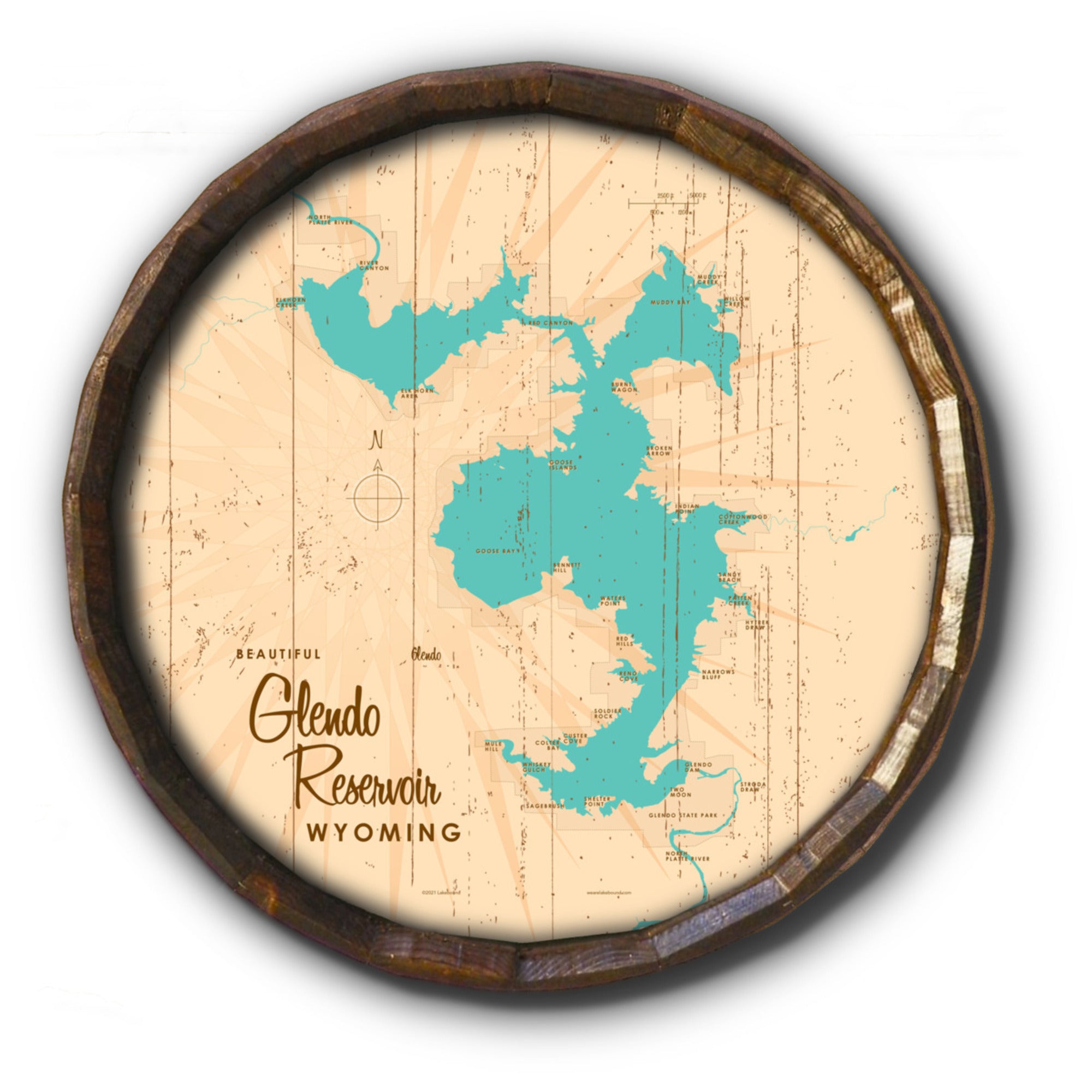 Glendo Reservoir Wyoming, Rustic Barrel End Map Art