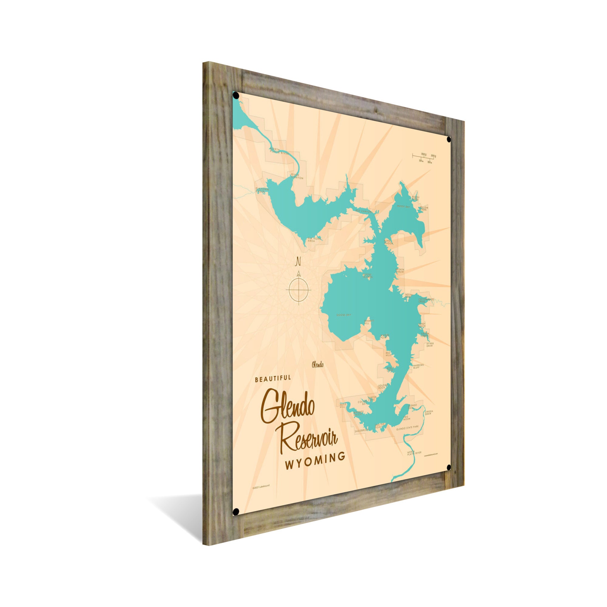 Glendo Reservoir Wyoming, Wood-Mounted Metal Sign Map Art