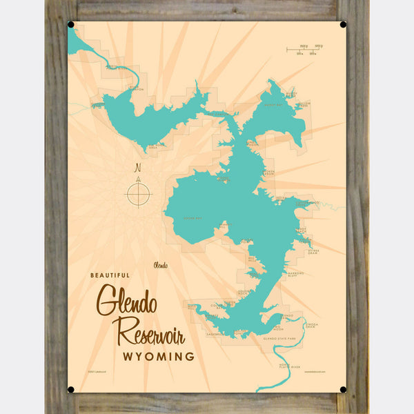 Glendo Reservoir Wyoming, Wood-Mounted Metal Sign Map Art