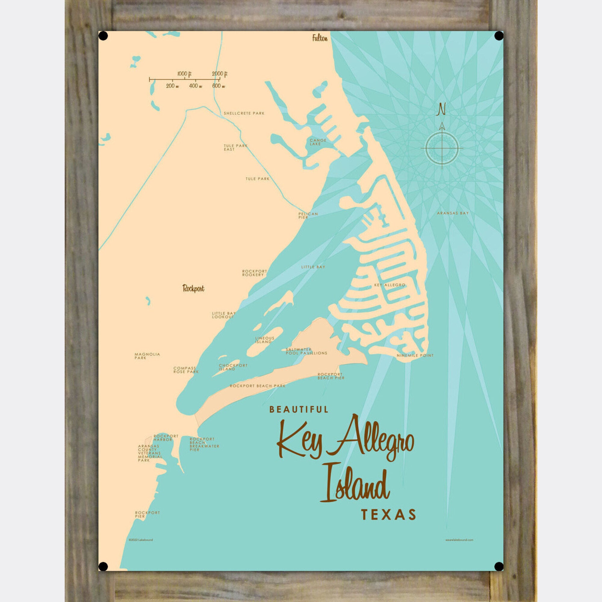 Key Allegro Island Texas, Wood-Mounted Metal Sign Map Art