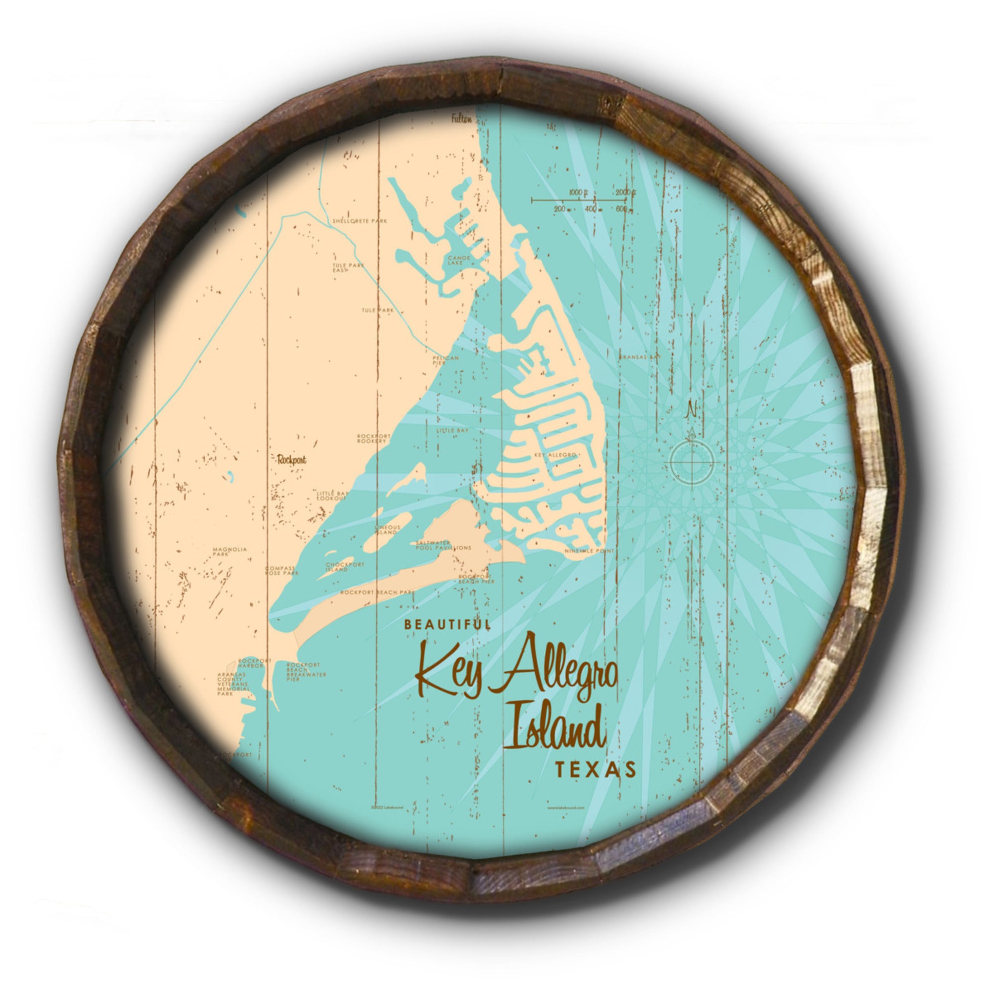 Key Allegro Island Texas, Rustic Barrel End Map Art