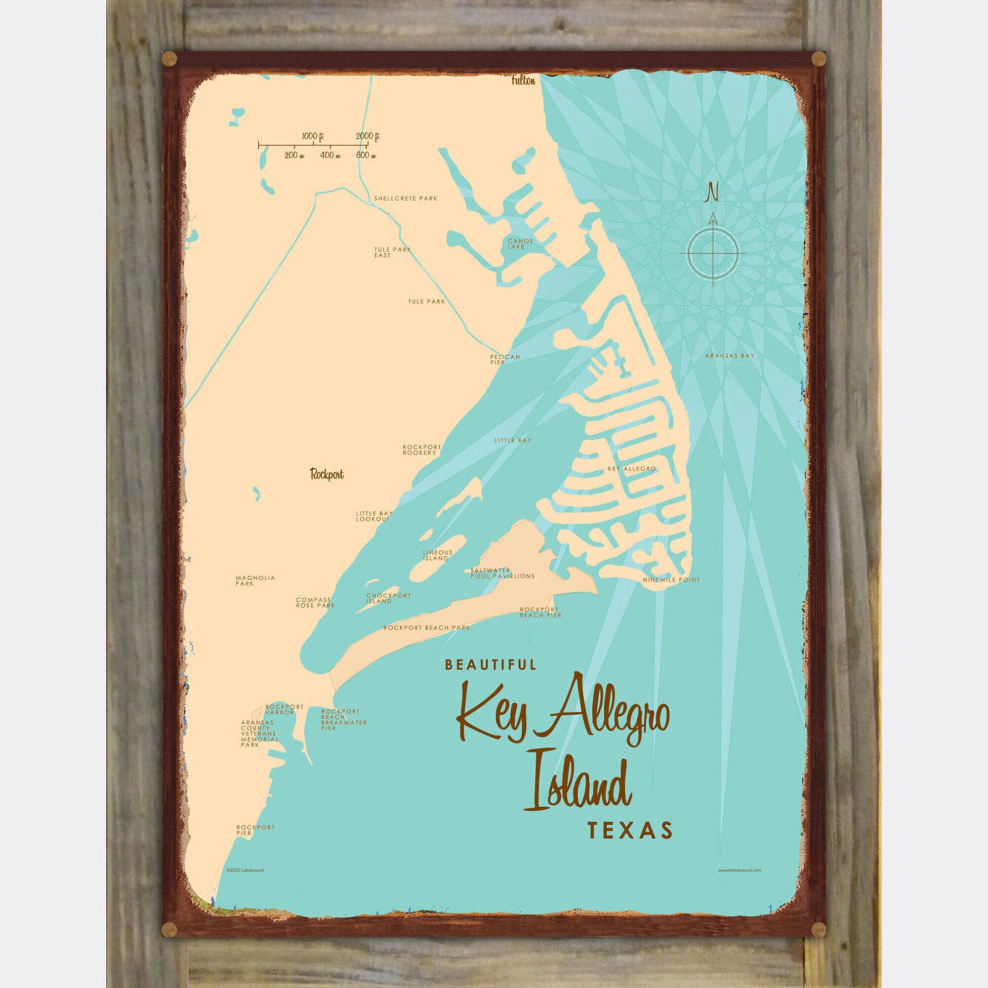 Key Allegro Island Texas, Wood-Mounted Rustic Metal Sign Map Art