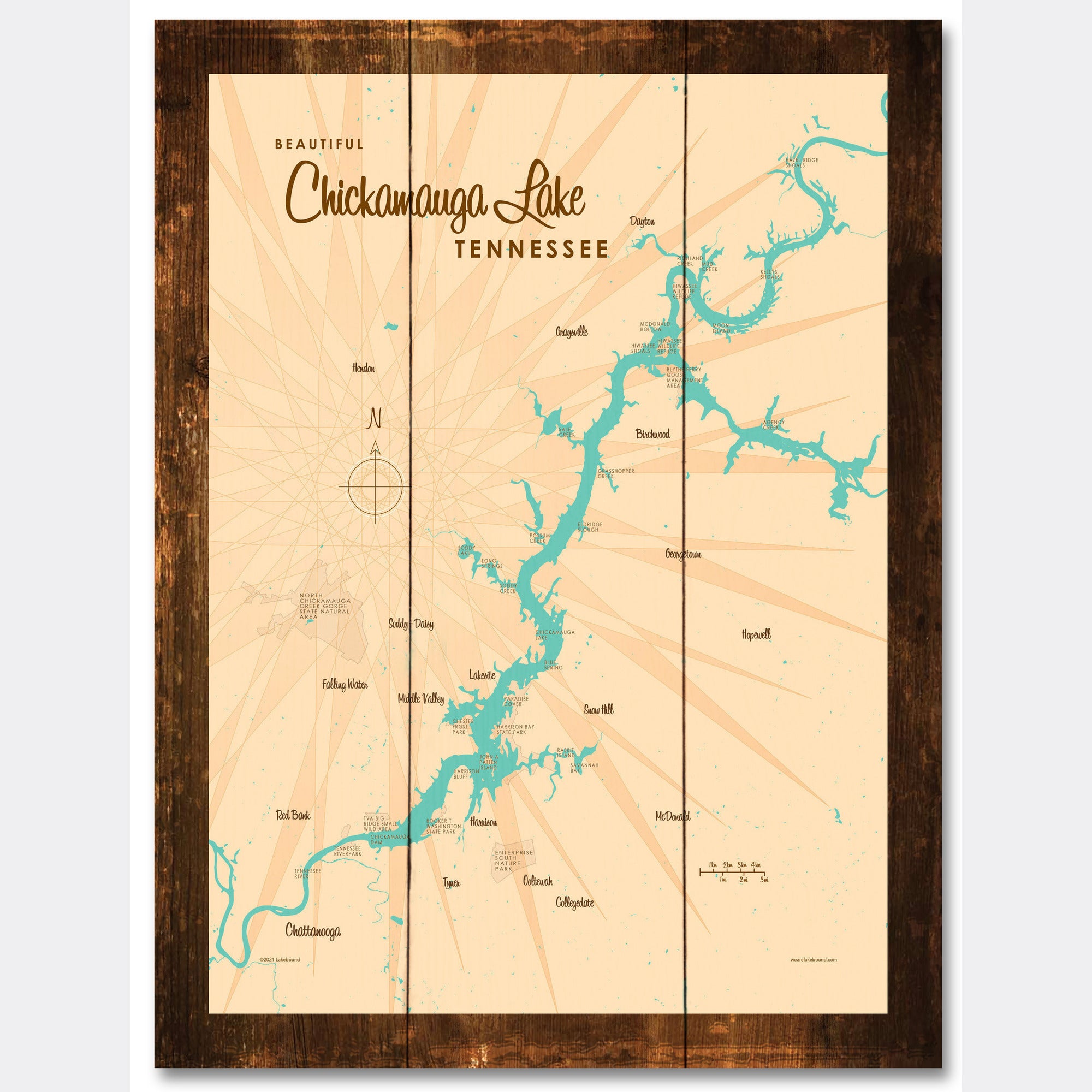 Chickamauga Lake Tennessee, Rustic Wood Sign Map Art