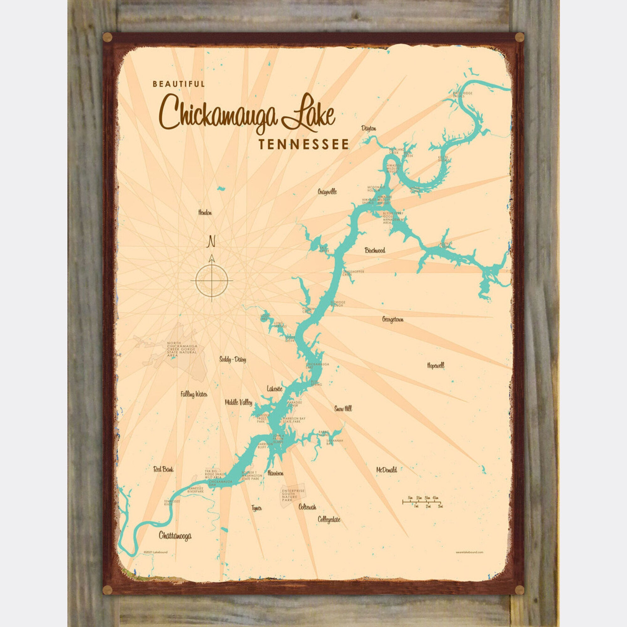 Chickamauga Lake Tennessee, Wood-Mounted Rustic Metal Sign Map Art