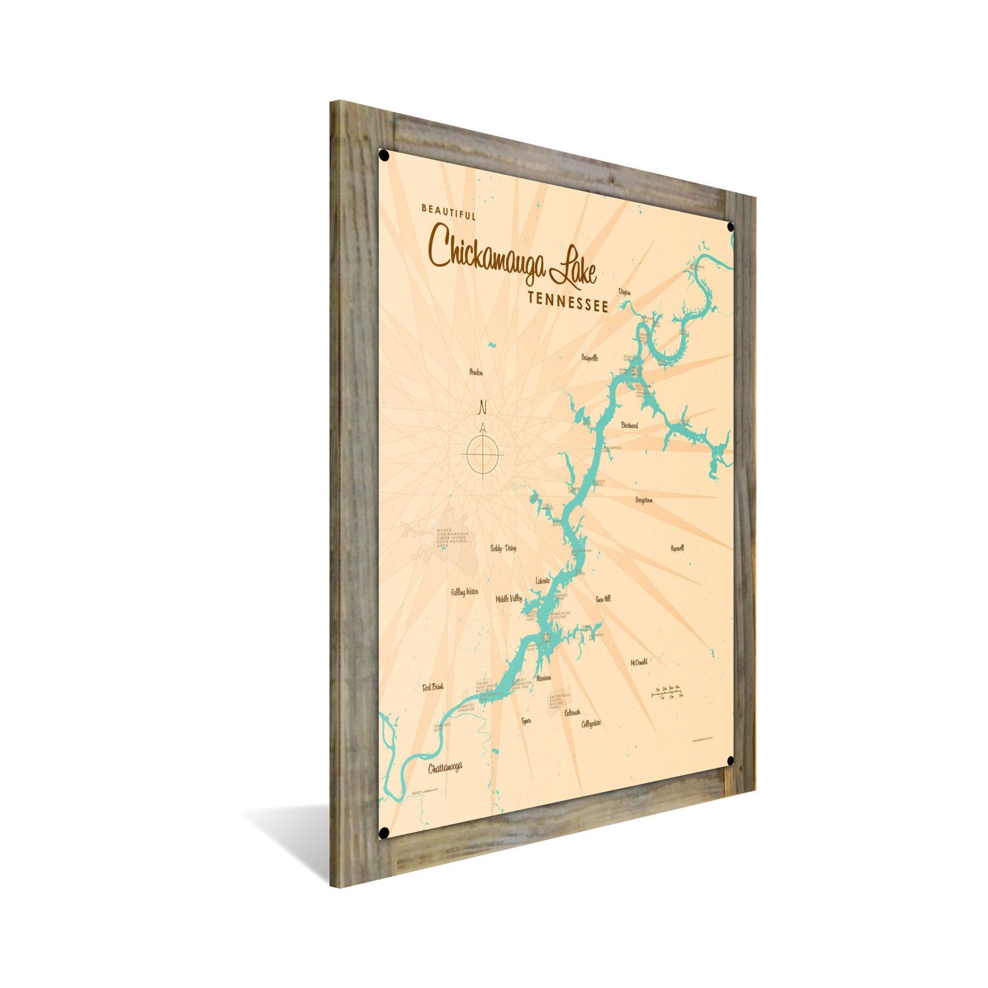 Chickamauga Lake Tennessee, Wood-Mounted Metal Sign Map Art