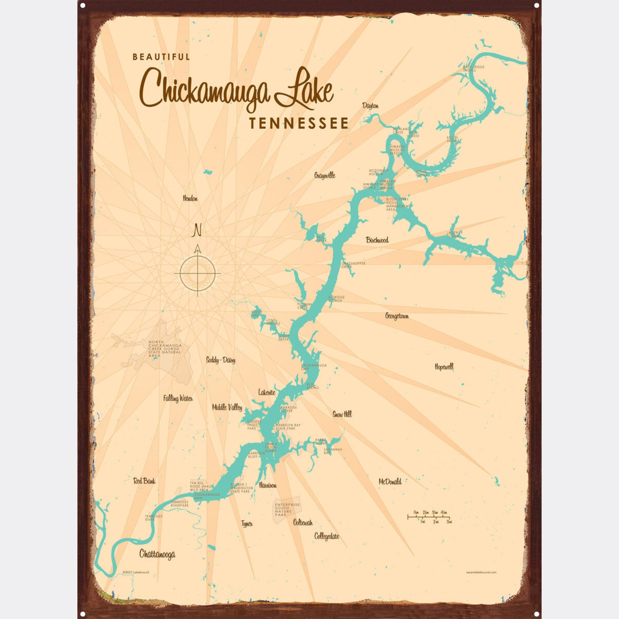 Chickamauga Lake Tennessee, Rustic Metal Sign Map Art