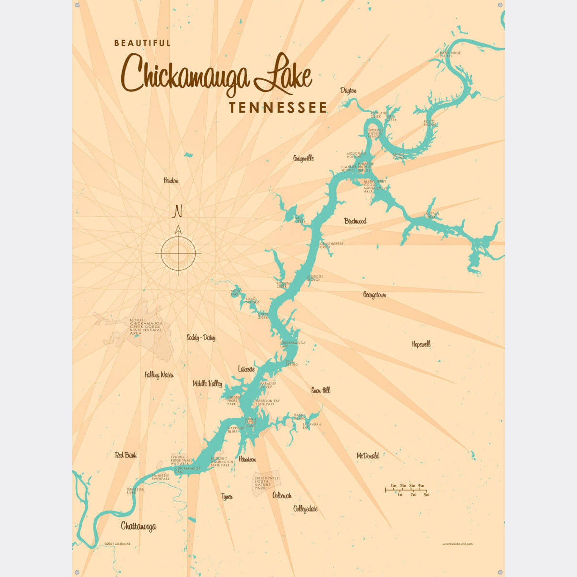 Chickamauga Lake Tennessee, Metal Sign Map Art