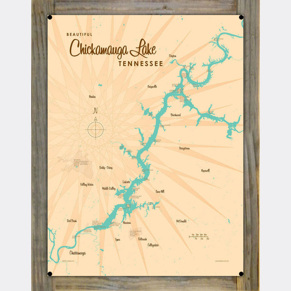 Chickamauga Lake Tennessee, Wood-Mounted Metal Sign Map Art
