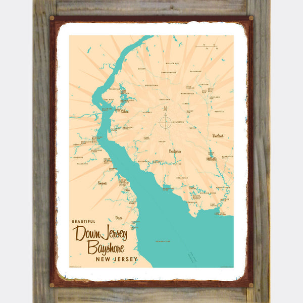 Down Jersey Bayshore New Jersey, Wood-Mounted Rustic Metal Sign Map Art