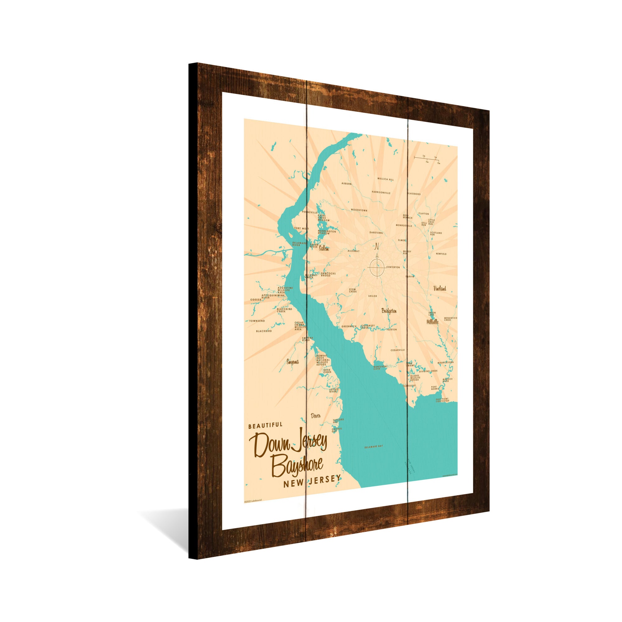 Down Jersey Bayshore New Jersey, Rustic Wood Sign Map Art