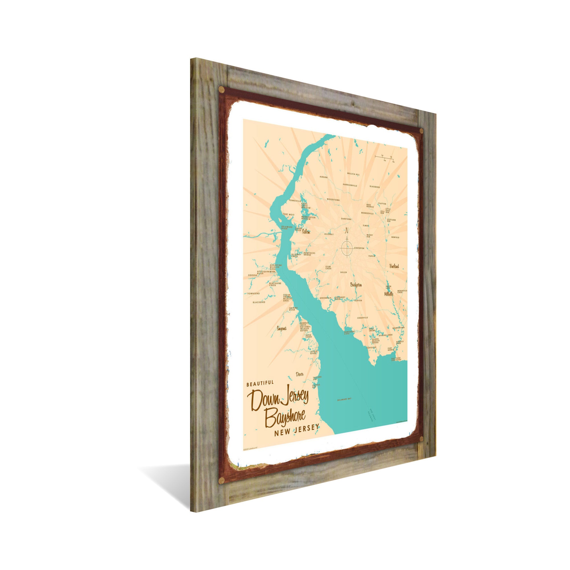 Down Jersey Bayshore New Jersey, Wood-Mounted Rustic Metal Sign Map Art