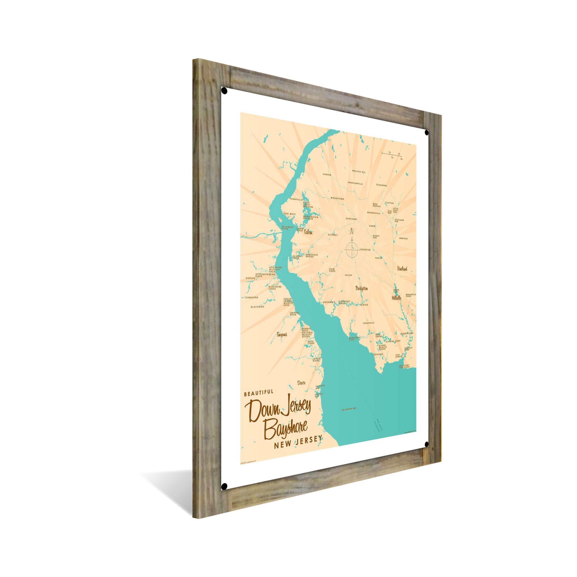 Down Jersey Bayshore New Jersey, Wood-Mounted Metal Sign Map Art