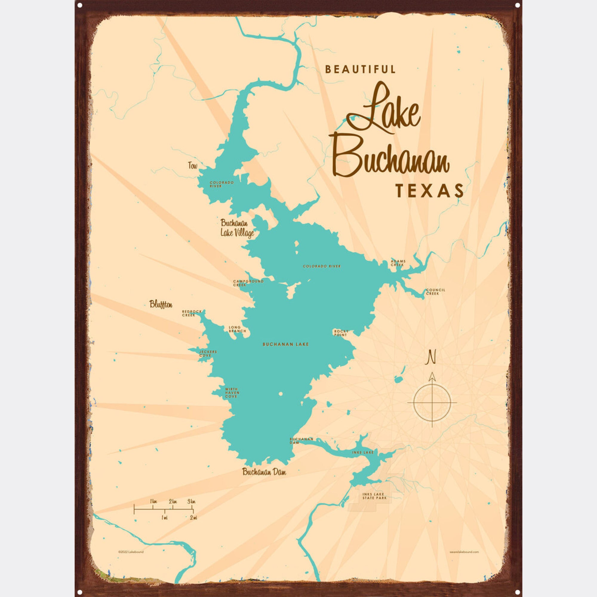 Lake Buchanan Texas, Rustic Metal Sign Map Art