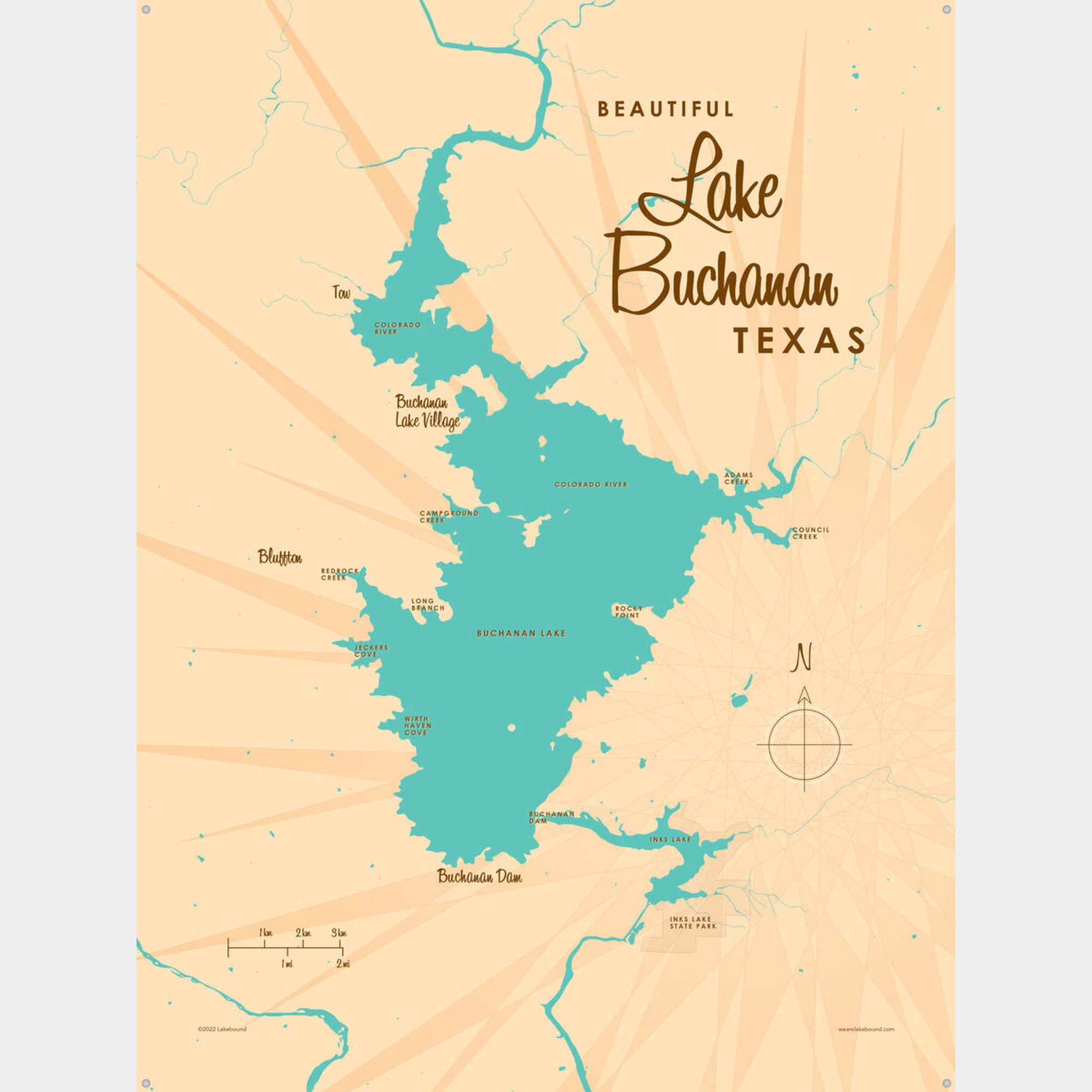 Lake Buchanan Texas, Metal Sign Map Art