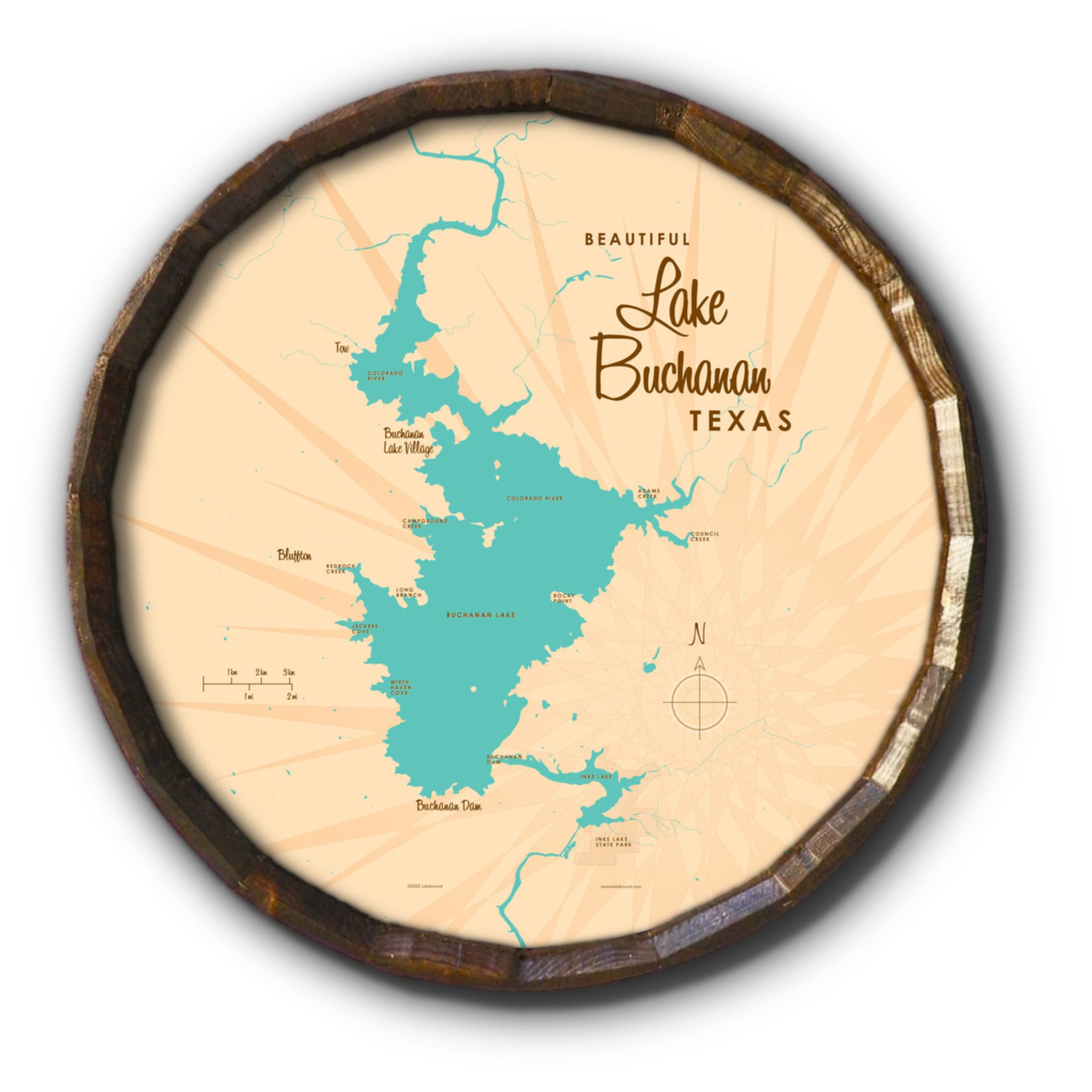 Lake Buchanan Texas, Barrel End Map Art