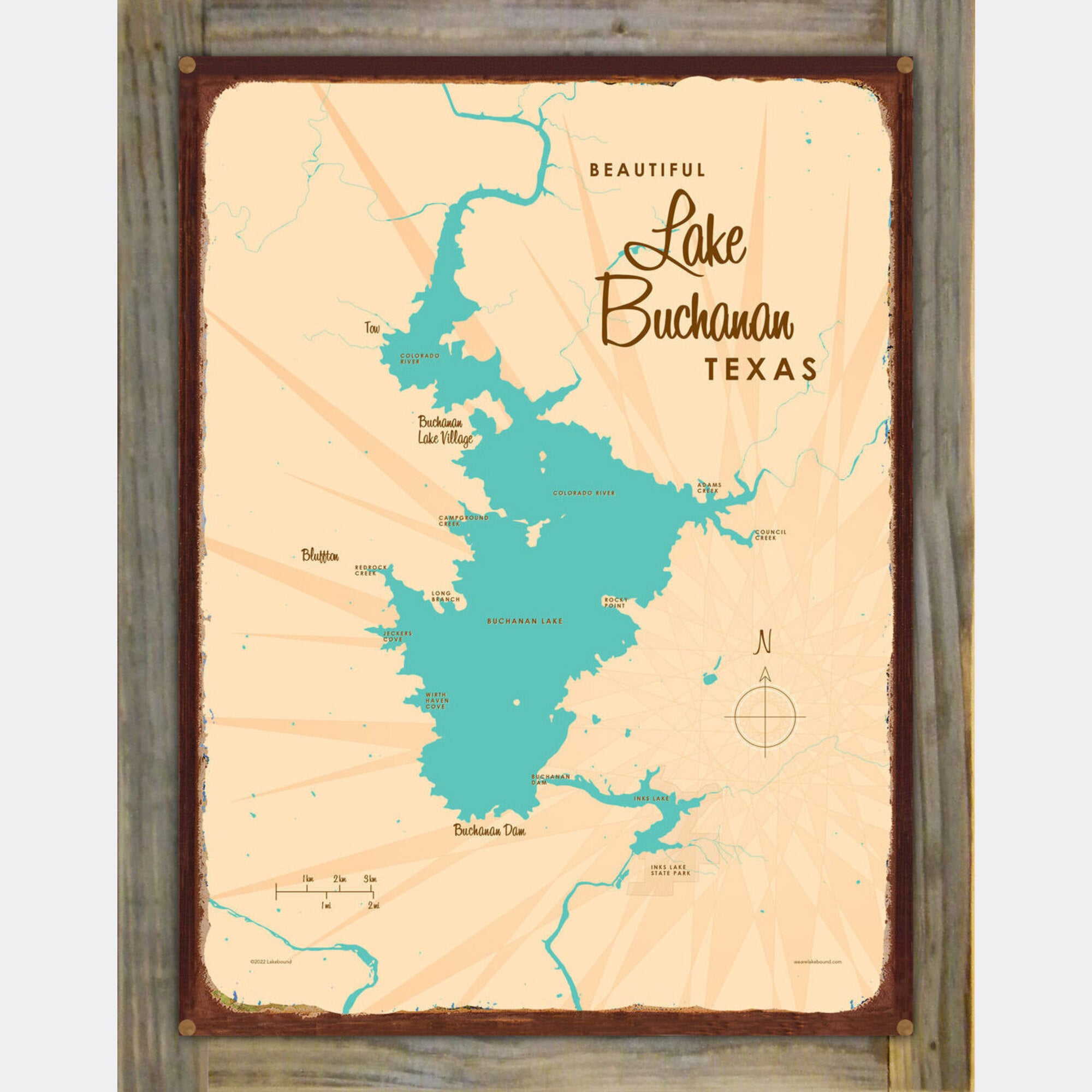 Lake Buchanan Texas, Wood-Mounted Rustic Metal Sign Map Art