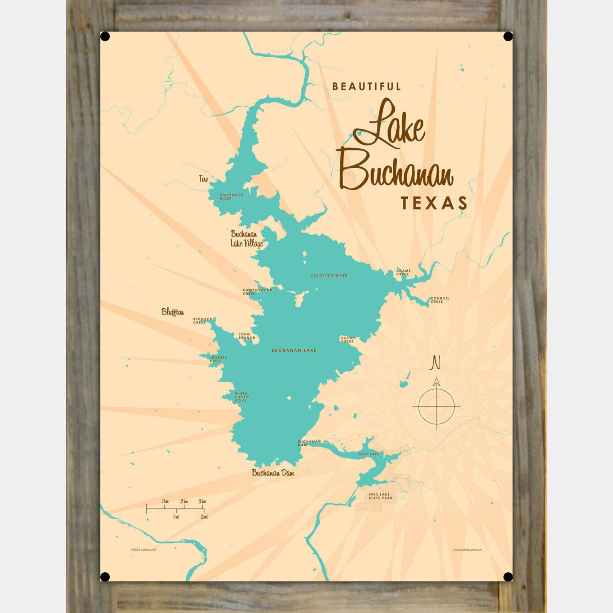 Lake Buchanan Texas, Wood-Mounted Metal Sign Map Art