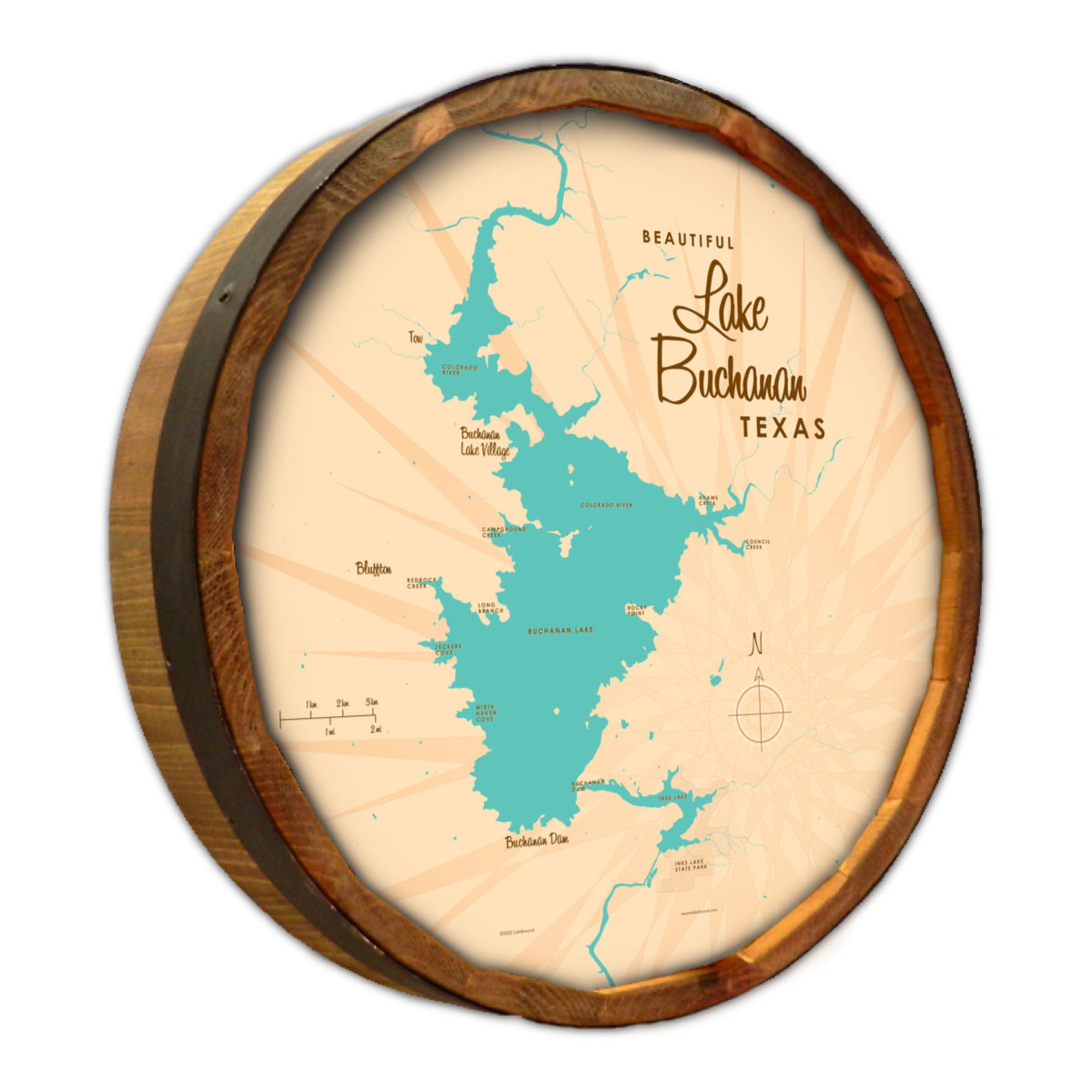 Lake Buchanan Texas, Barrel End Map Art