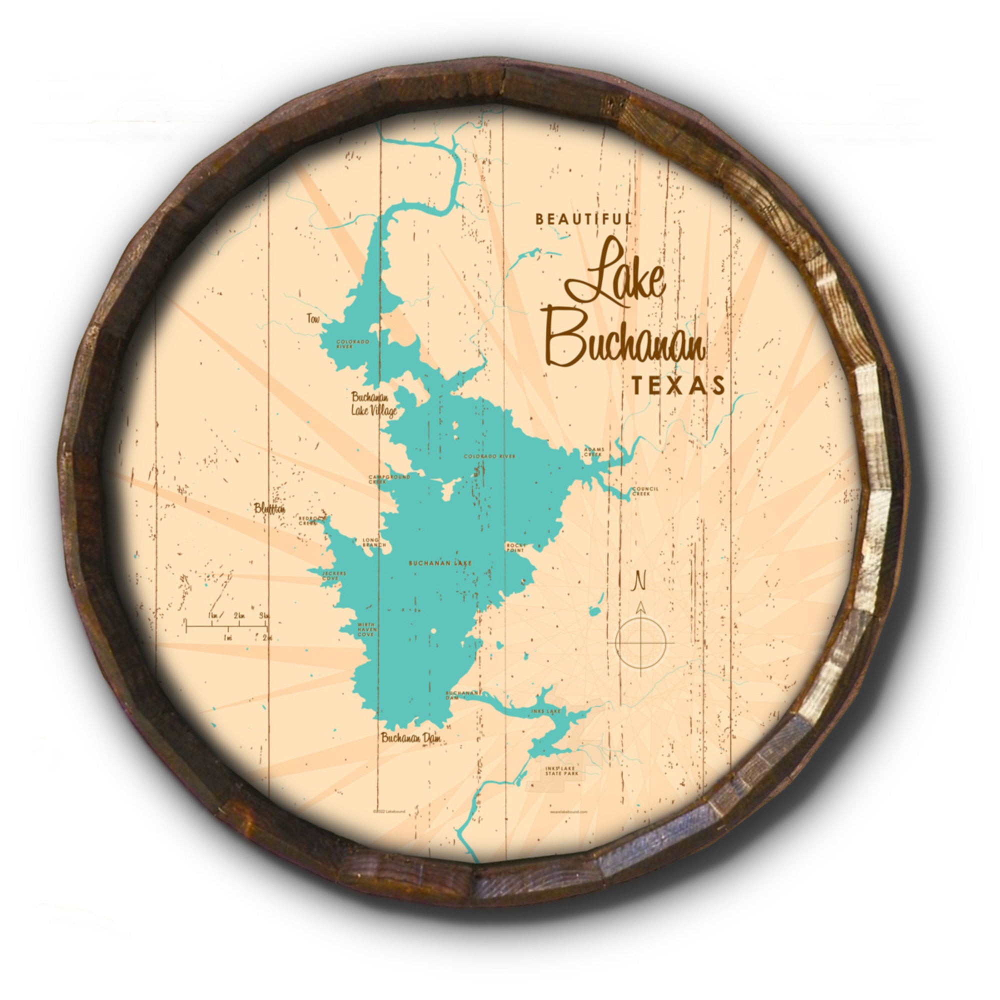 Lake Buchanan Texas, Rustic Barrel End Map Art