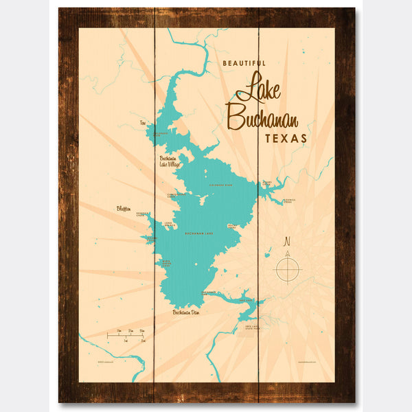 Lake Buchanan Texas, Rustic Wood Sign Map Art