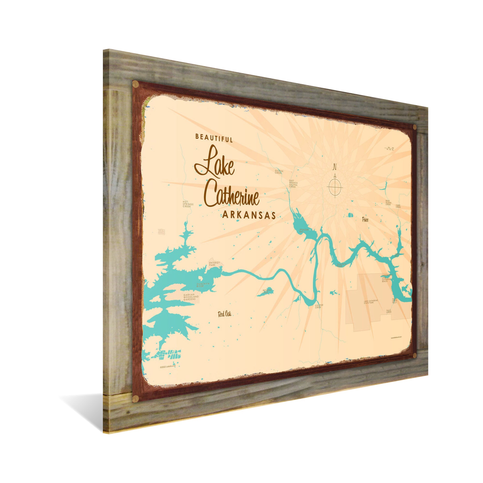 Lake Catherine Arkansas, Wood-Mounted Rustic Metal Sign Map Art