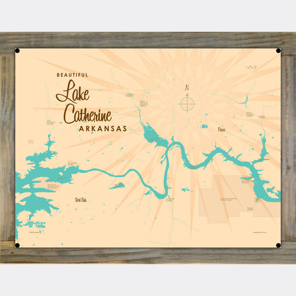 Lake Catherine Arkansas, Wood-Mounted Metal Sign Map Art