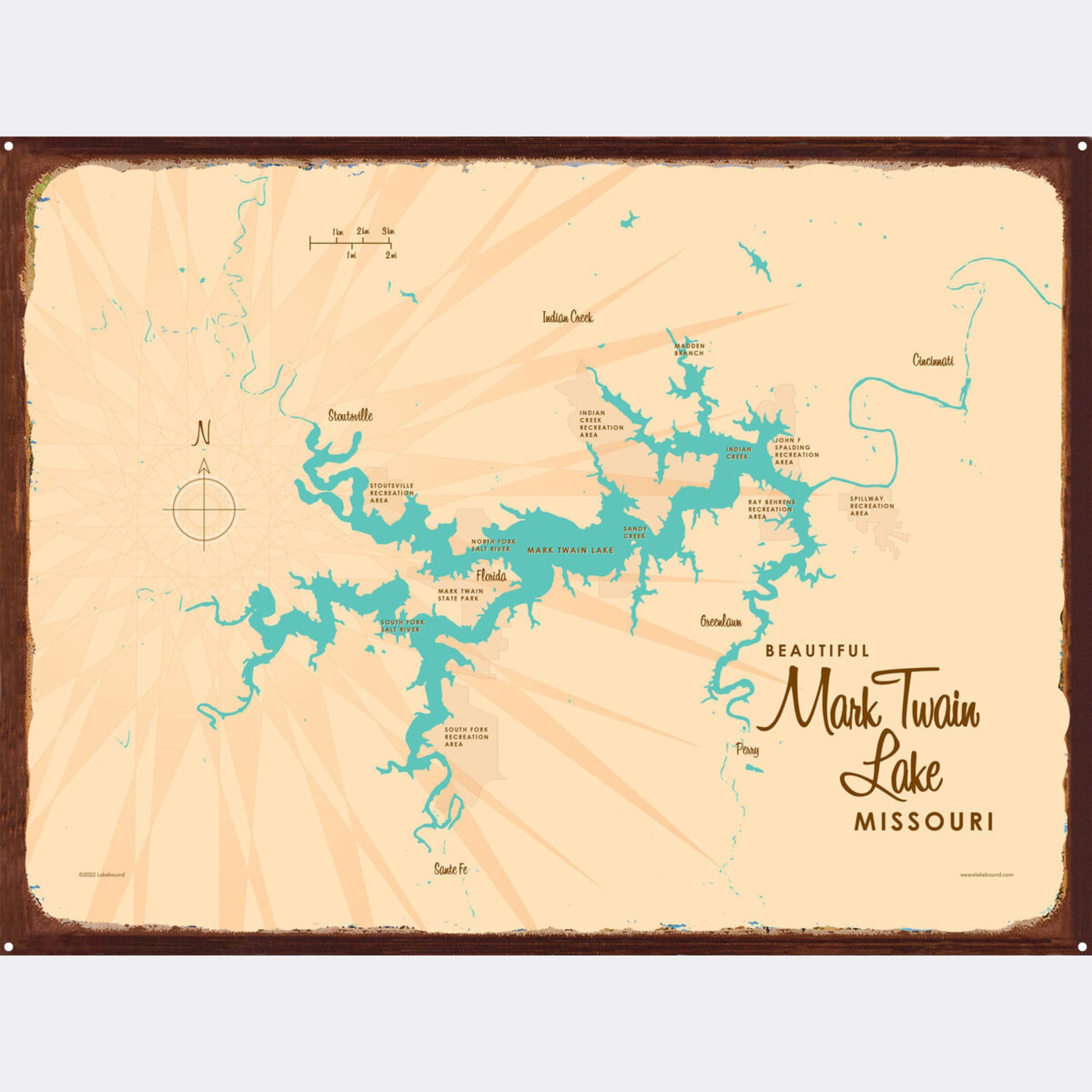 Mark Twain Lake Michigan, Rustic Metal Sign Map Art