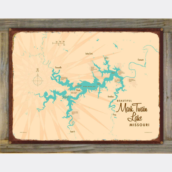 Mark Twain Lake Michigan, Wood-Mounted Rustic Metal Sign Map Art