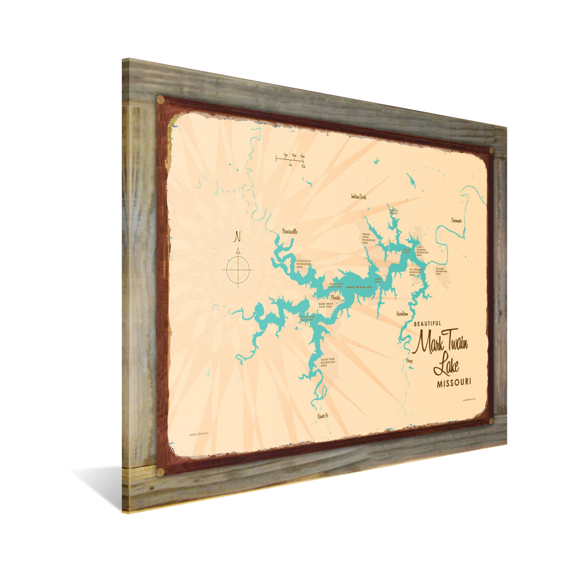 Mark Twain Lake Michigan, Wood-Mounted Rustic Metal Sign Map Art