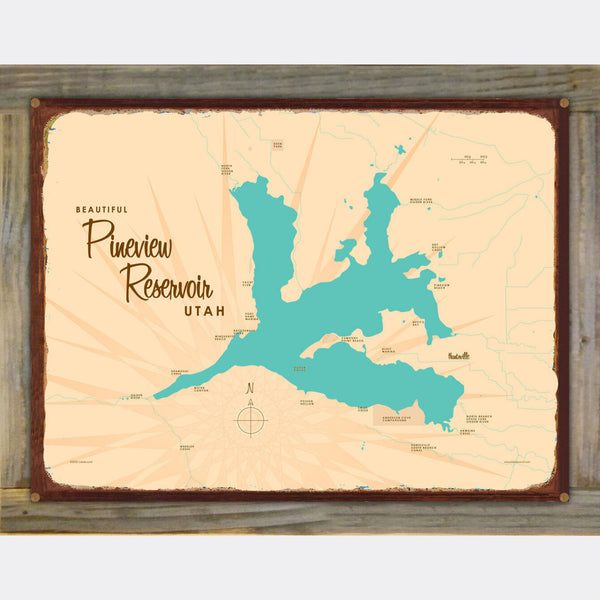 Pineview Reservoir Utah, Wood-Mounted Rustic Metal Sign Map Art