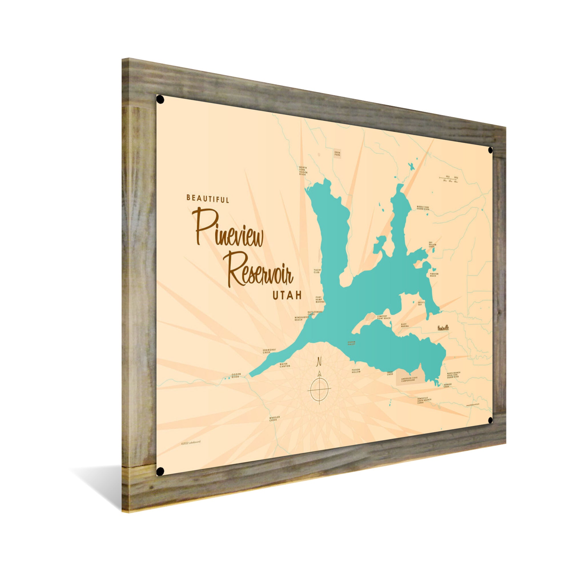 Pineview Reservoir Utah, Wood-Mounted Metal Sign Map Art