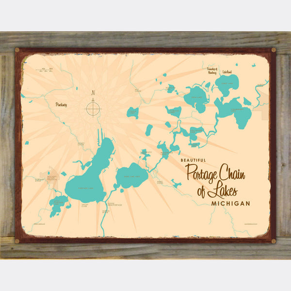 Portage Chain of Lakes Michigan, Wood-Mounted Rustic Metal Sign Map Art