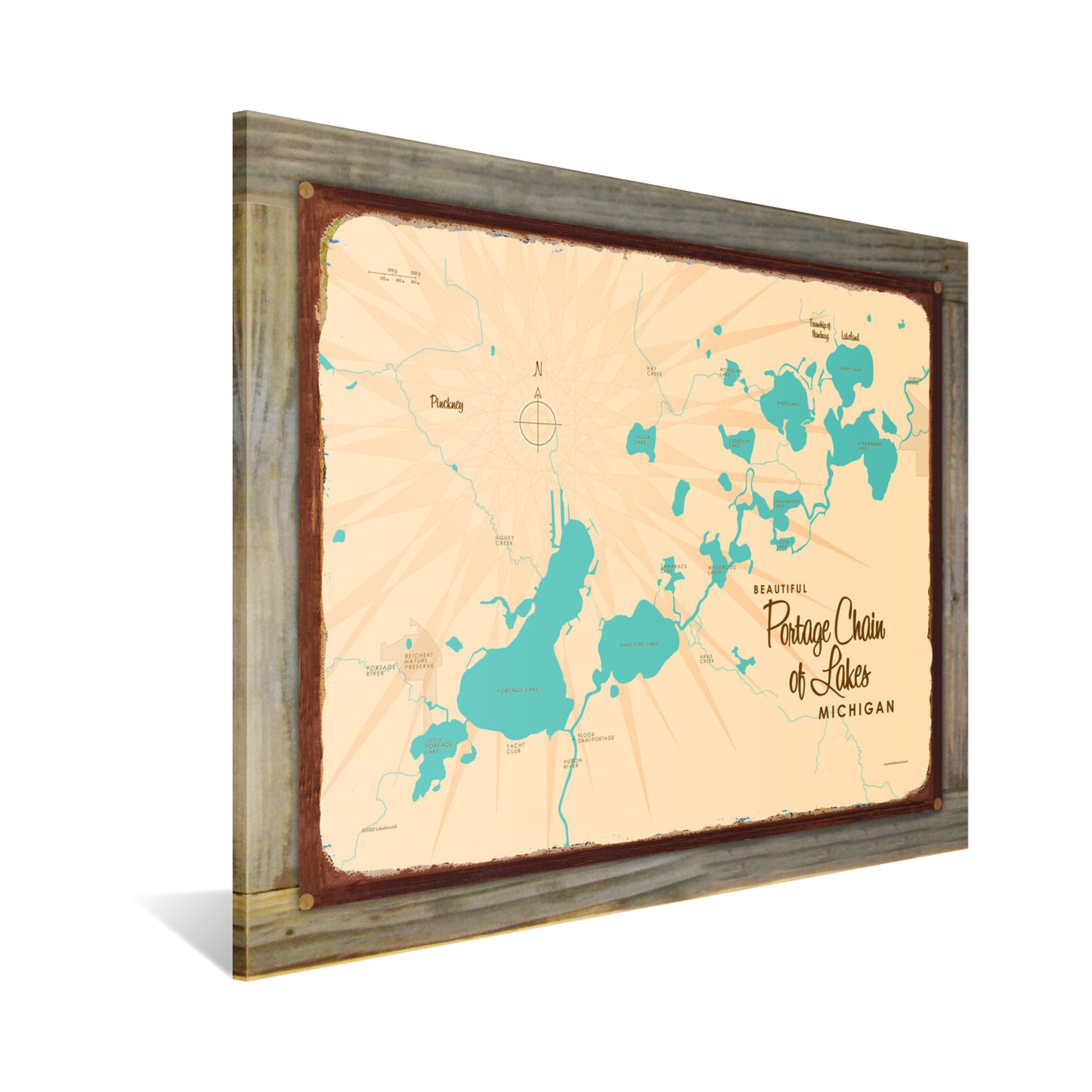 Portage Chain of Lakes Michigan, Wood-Mounted Rustic Metal Sign Map Art