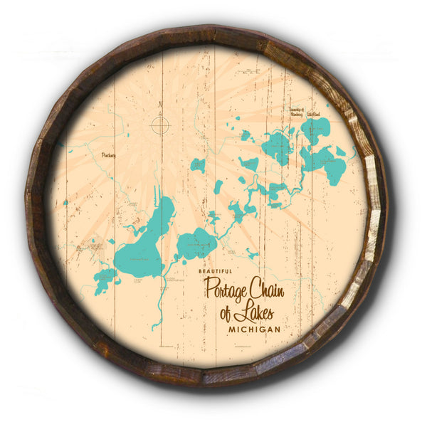 Portage Chain of Lakes Michigan, Rustic Barrel End Map Art