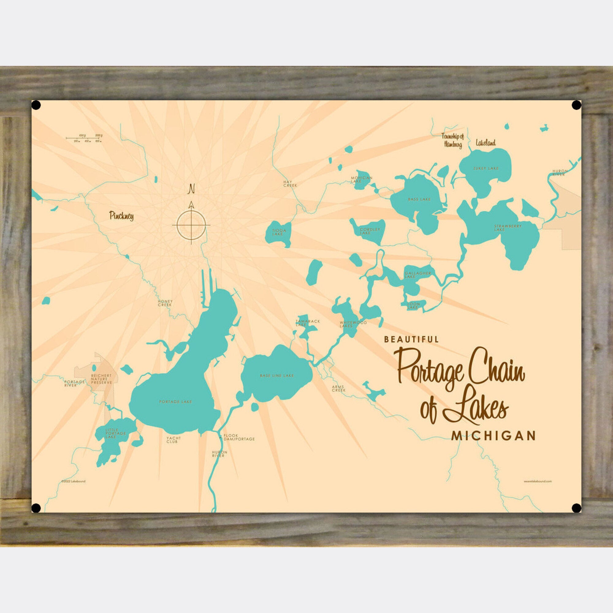 Portage Chain of Lakes Michigan, Wood-Mounted Metal Sign Map Art