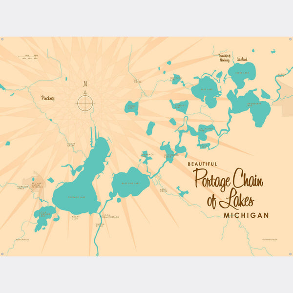 Portage Chain of Lakes Michigan, Metal Sign Map Art