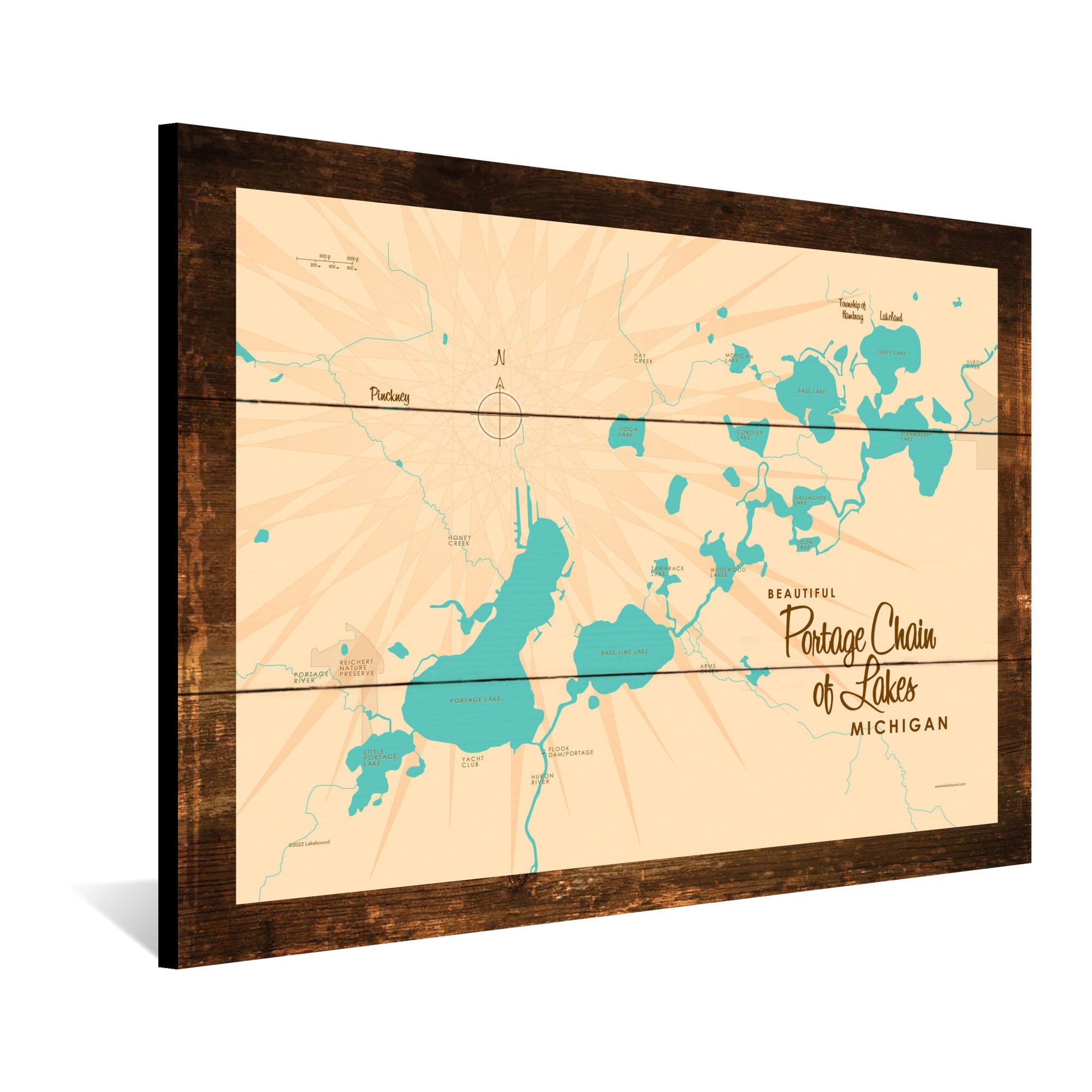 Portage Chain of Lakes Michigan, Rustic Wood Sign Map Art
