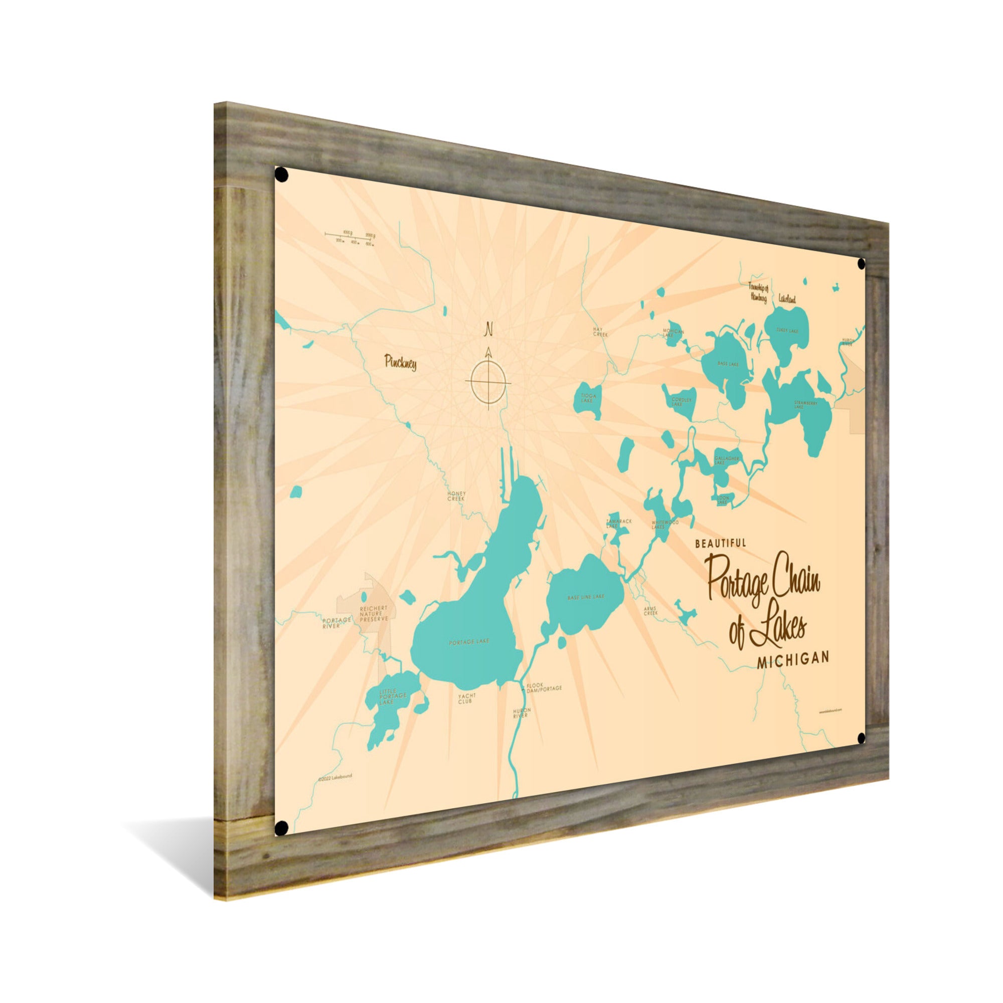 Portage Chain of Lakes Michigan, Wood-Mounted Metal Sign Map Art