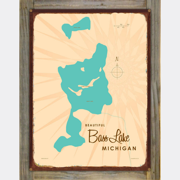Bass Lake Michigan, Wood-Mounted Rustic Metal Sign Map Art