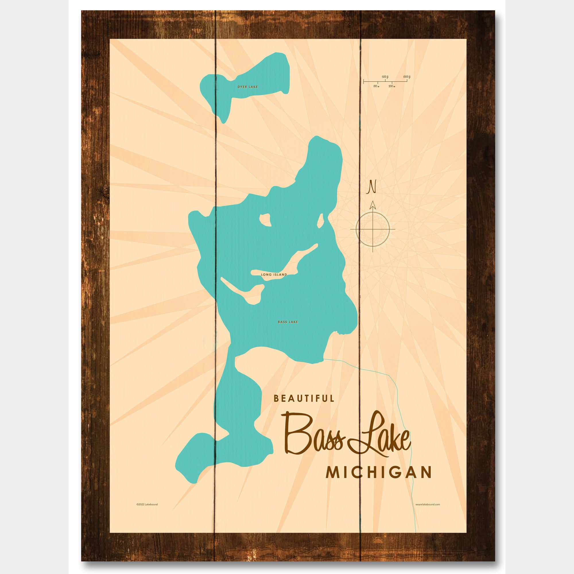 Bass Lake Michigan, Rustic Wood Sign Map Art