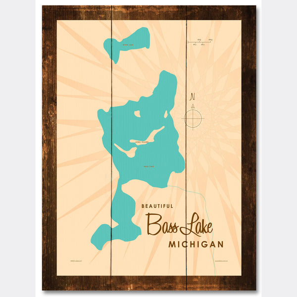 Bass Lake Michigan, Rustic Wood Sign Map Art