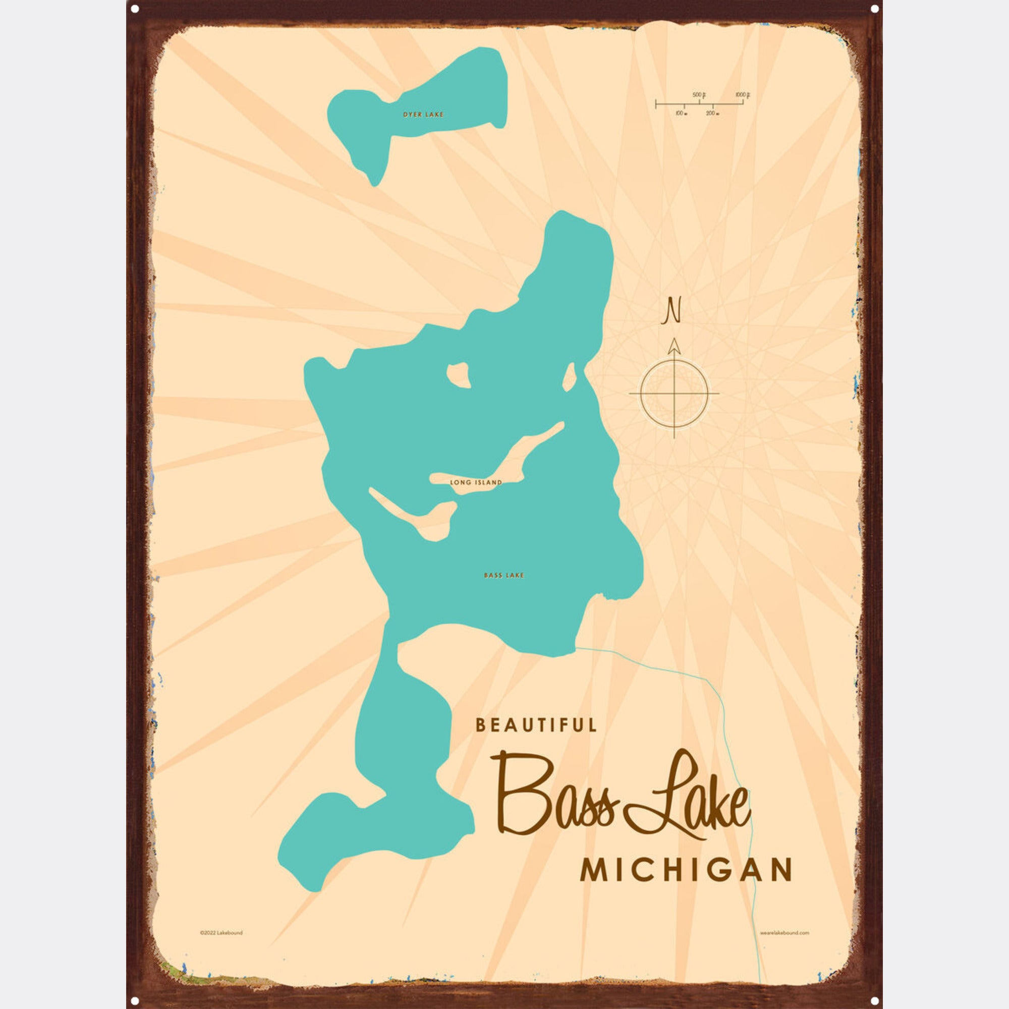 Bass Lake Michigan, Rustic Metal Sign Map Art