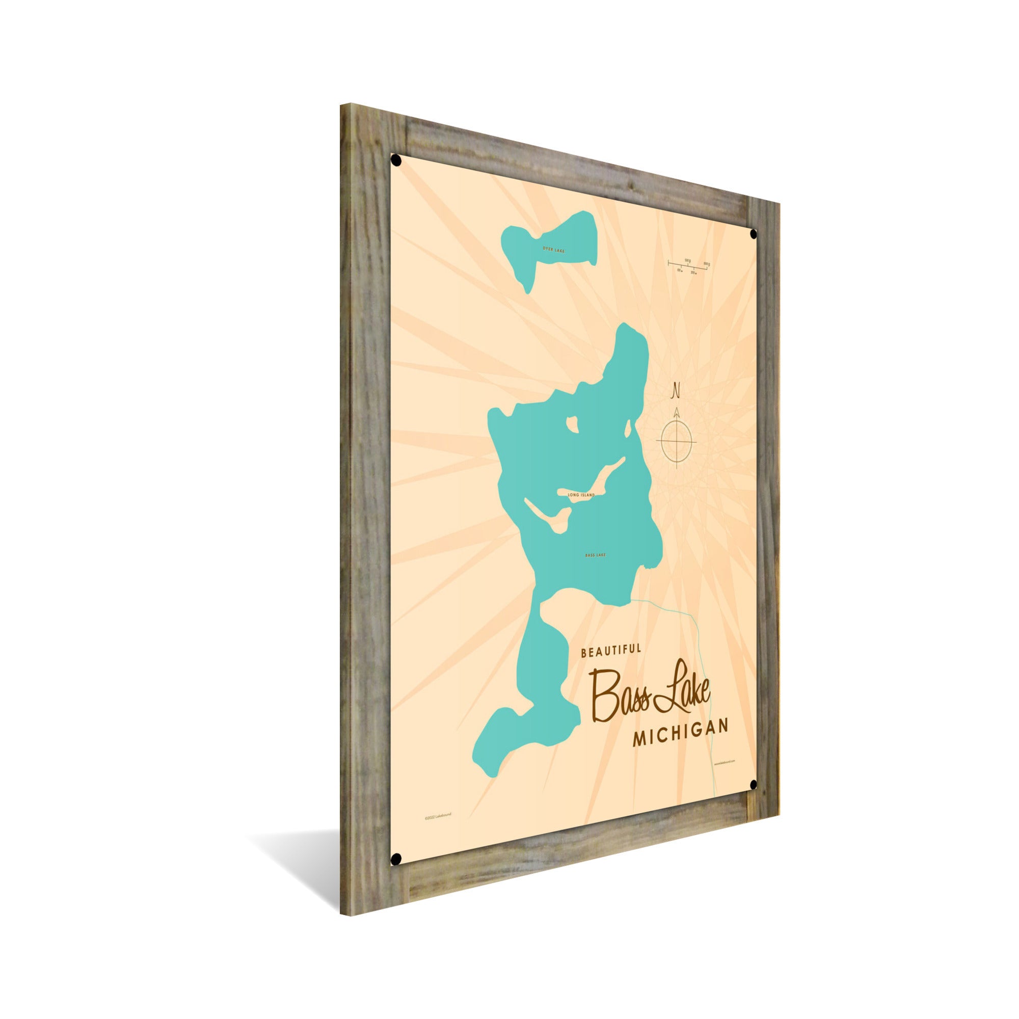 Bass Lake Michigan, Wood-Mounted Metal Sign Map Art