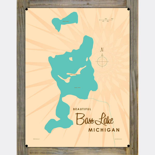 Bass Lake Michigan, Wood-Mounted Metal Sign Map Art