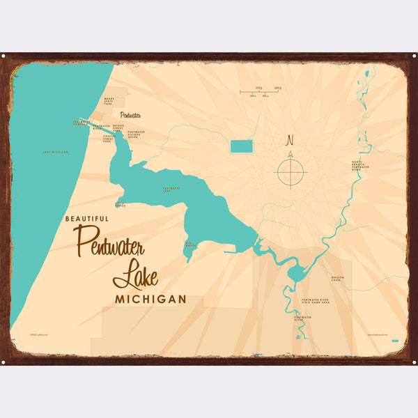 Pentwater Lake Michigan, Rustic Metal Sign Map Art