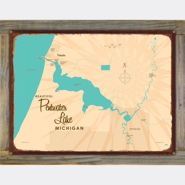 Pentwater Lake Michigan, Wood-Mounted Rustic Metal Sign Map Art