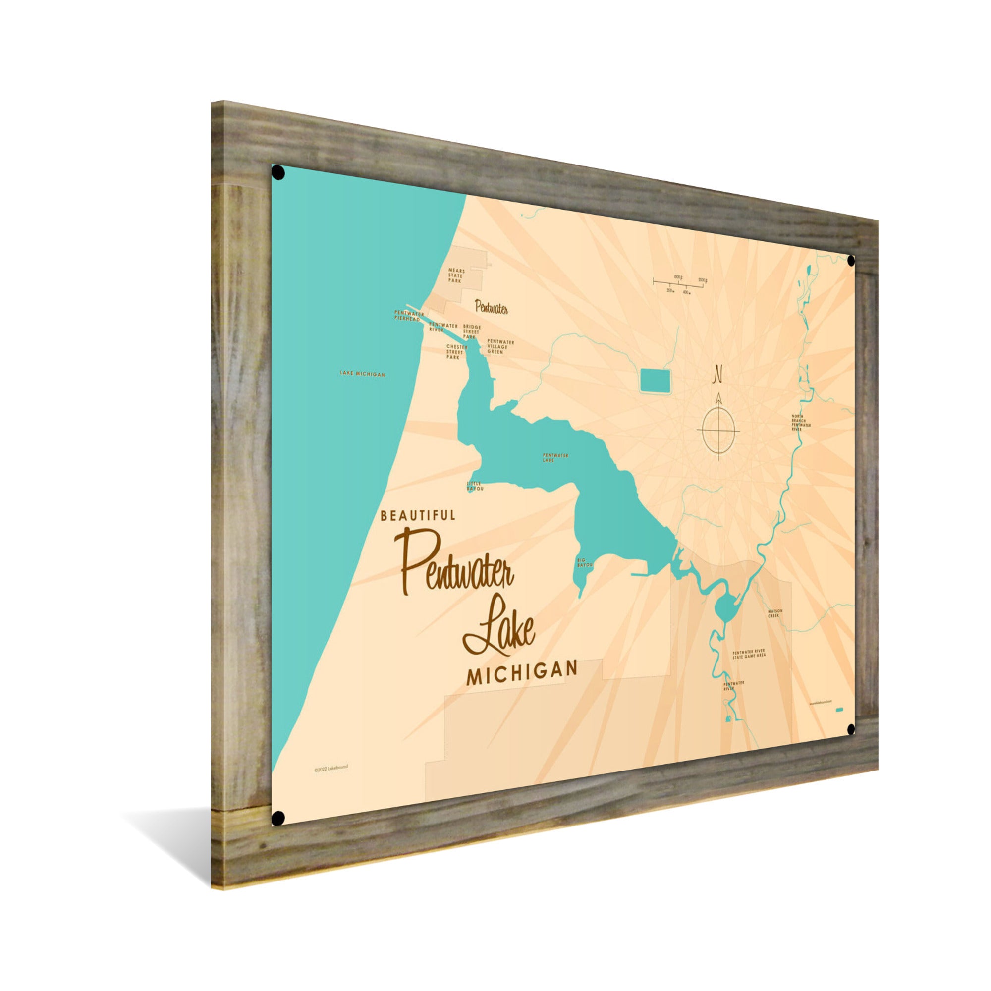 Pentwater Lake Michigan, Wood-Mounted Metal Sign Map Art